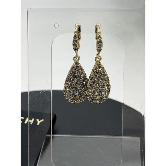 Givenchy Womens Gold Tone With Pave Grey Crystals Dangle Teardrop Earrings New - Picture 1 of 14